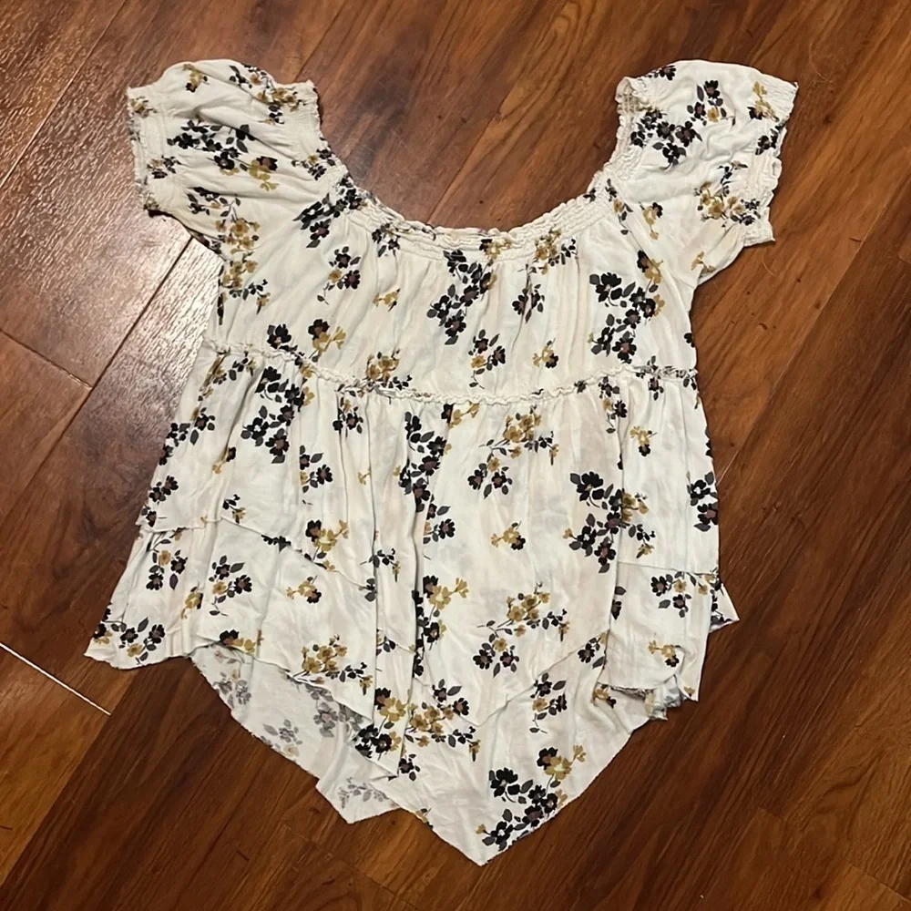 Free People Floral Off the Shoulder Layered Peasant Cottage Core Top Size Medium